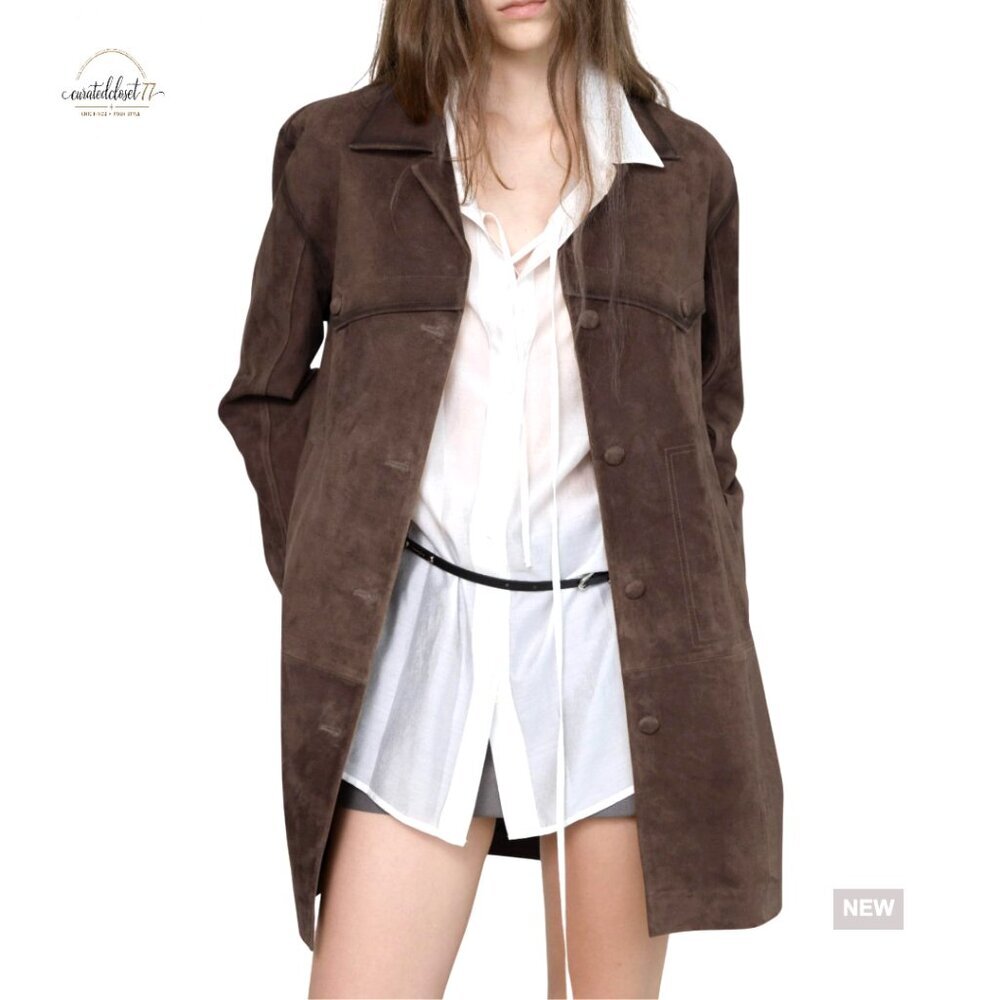 Retro Faux Suede Leather Shacket Jacket Oversized Lapel Collar Mid Long Coat